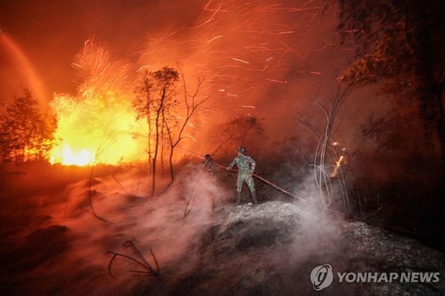 인니 남칼리만탄주서 산불 진화 중인 군인들