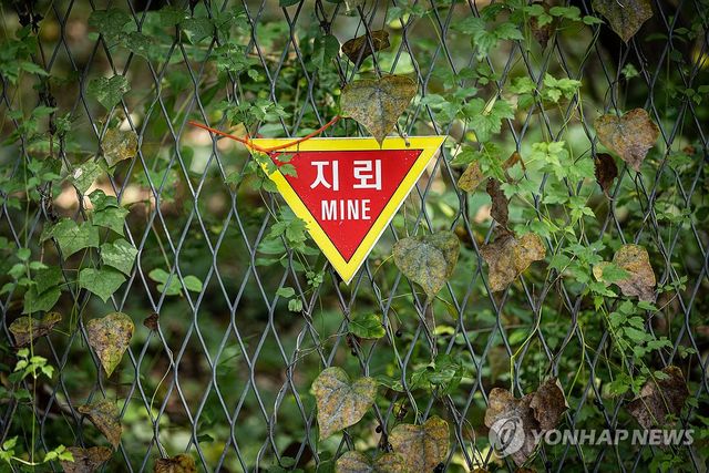 서부전선 DMZ 민통선의 지뢰 경고 표지판