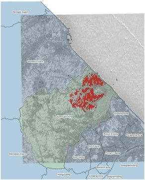 빨간색 부분이 '정규화 화상지수'(NBR) 분석을 통해 확인된 2023년 강릉 산불 피해 지역. [논문 발췌]