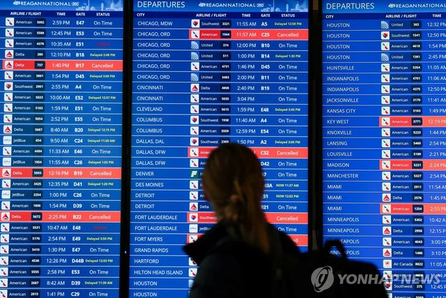 로널드 레이건 공항에서 항공편 취소·지연 현황을 바라보는 승객