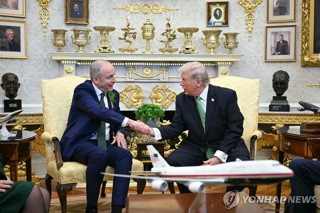 17일 미·아일랜드 정상회담. 두 정상 사이에 성패트릭의 날 상징 토끼풀이 놓였고 두 정상 모두 녹색 넥타이를 맸다.