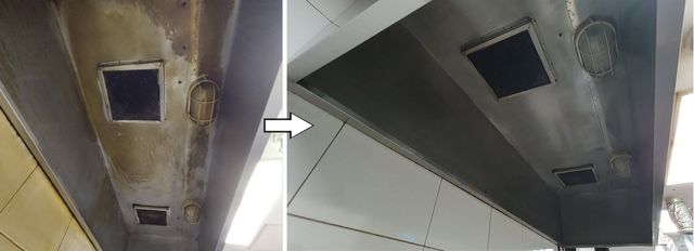 음식점 주방 후드 청소 전(왼쪽)과 후