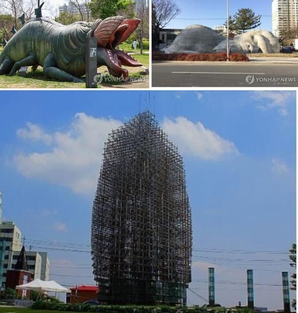 (왼쪽 위부터 시계방향으로) '괴물'·'2만년 역사가 잠든 곳'·'이래탑' 공공 조형물 [연합뉴스 자료사진]