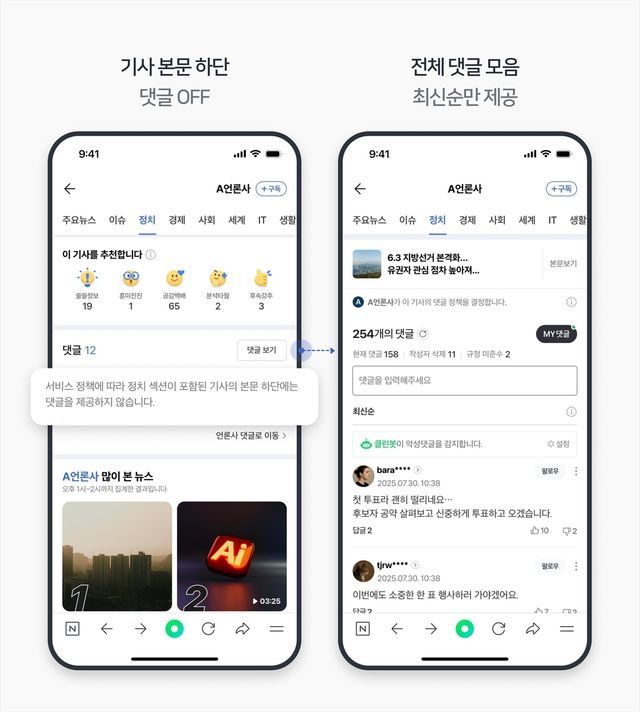 네이버 정치,선거 섹션 본문 하단 댓글 닫고 클린봇 강화