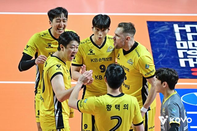 득점 후 기뻐하는 KB손해보험 선수들