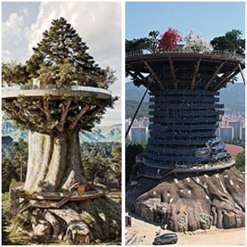 창원 대상공원 빅트리 조감도(왼쪽)와 실제 모습(오른쪽)