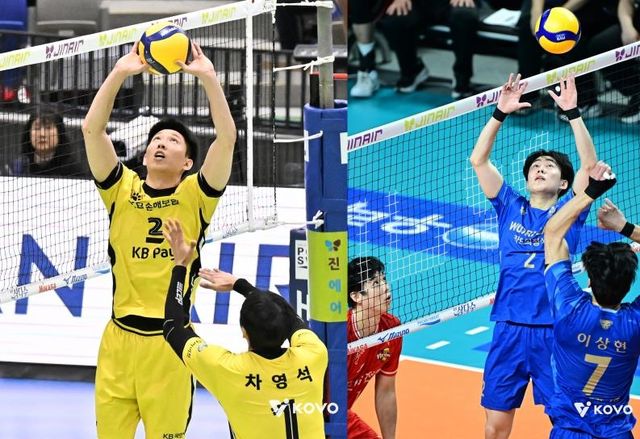 토스하는 KB손보의 황택의(왼쪽)와 우리카드의 한태준