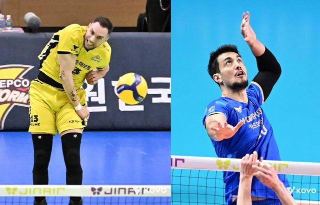 KB손해보험의 비예나(왼쪽)와 우리카드의 아라우조