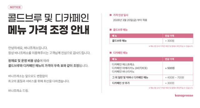 바나프레소 가격 인상 안내문