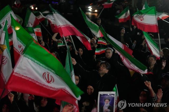 이란 국기 흔드는 친정부 시위대의 모습