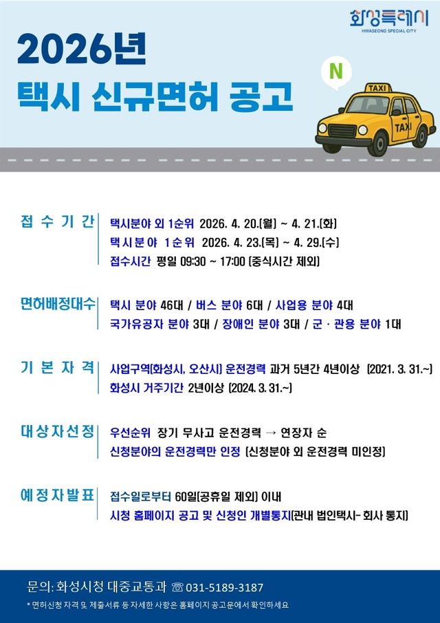 화성시 올해 개인택시 신규면허 발급 안내 포스터