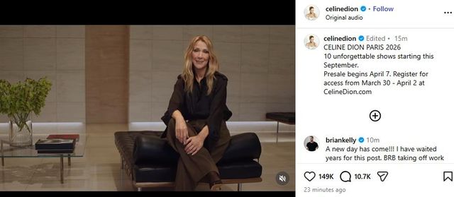 SNS 통해 공연 소식 알린 셀린 디옹