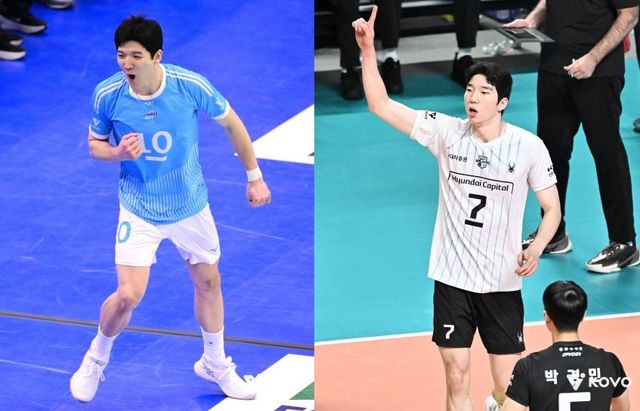 대한항공의 정지석(왼쪽)과 현대캐피탈의 허수봉