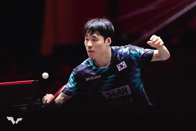 WTT 시리즈 경기에 나선 장우진의 경기 장면