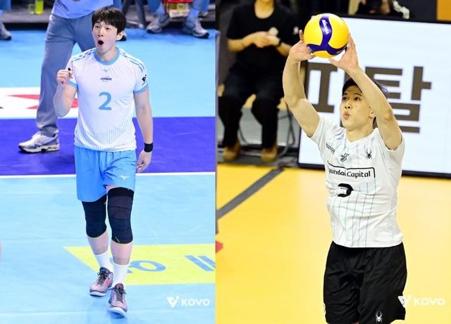 대한항공의 한선수(왼쪽)와 현대캐피탈의 황승빈