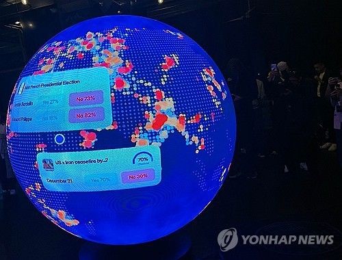 폴리마켓의 각종 상품에 대한 베팅 현황이 표시된 전광판