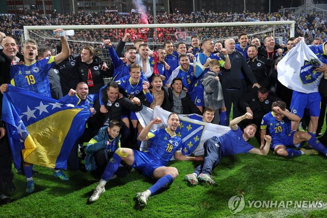 북중미 월드컵 본선 진출을 기뻐하는 보스니아헤르체고비나 대표팀 선수들