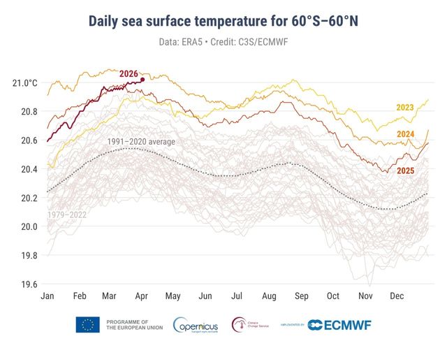 바다 표면 온도의 변화 [코페르니쿠스 기후변화 연구소 제공. 재판매 및 DB 금지]