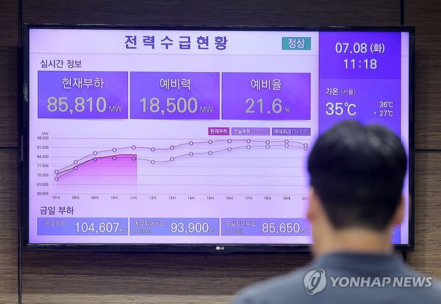 서울 중구 한국전력공사 서울본부 건물 전광판에 이날 전력 수요 현황이 표시되고 있다. [연합뉴스 자료사진]