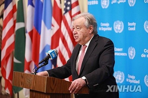 2일(현지시간) 뉴욕 유엔본부에서 기자회견하는 안토니우 구테흐스 유엔 사무총장