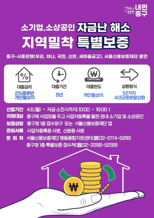  중구, 소기업·소상공인을 위해 무담보 특별신용보증