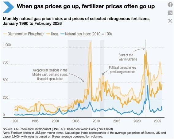 천연가스 가격(파란색) 상승 시 비료 가격(주황)도 종종 올라간다