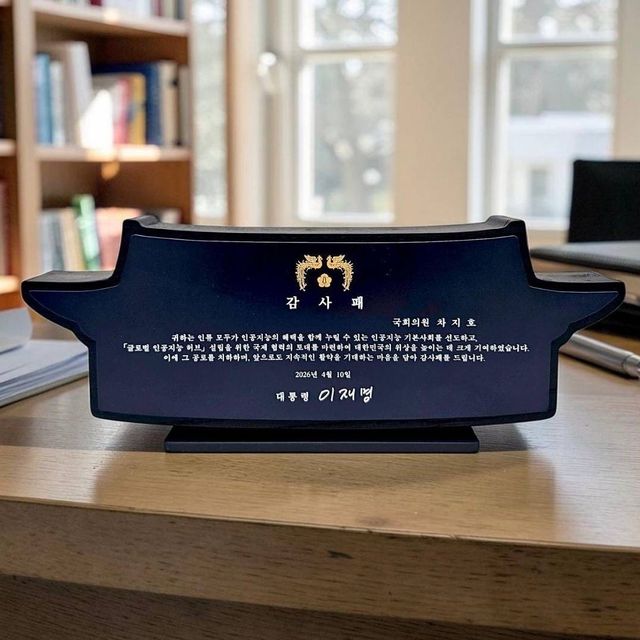 이재명 대통령이 차지호 의원에게 수여한 감사패