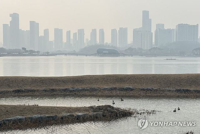 지난 1월 미세먼지와 황사 유입으로 세종시 호수공원 너머로 아파트단지가 미세먼지로 뿌옇게 보이고 있다. [연합뉴스 자료사진]