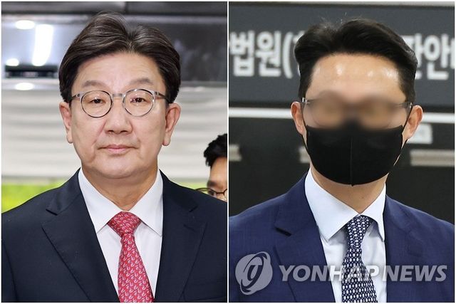 국민의힘 권성동 의원(왼쪽)과 윤영호 전 통일교 세계본부장