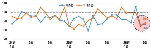 2024년 이후 제조업·비제조업 BSI 전망치 추이