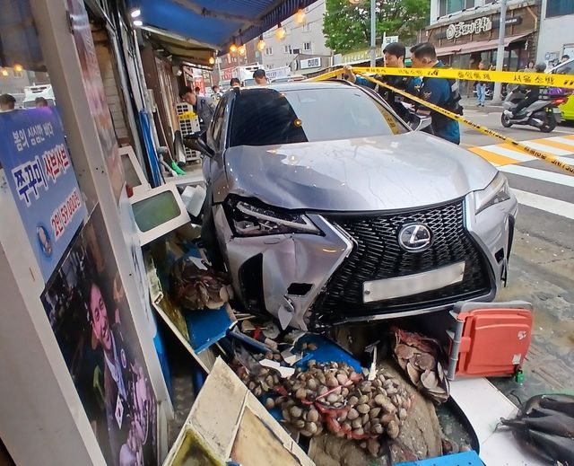 보도 침범해 식당 수조와 유리창 파손한 승용차