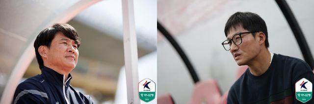 박건하 수원FC 감독(왼쪽)과 이정효 수원 삼성 감독.