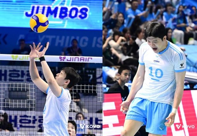 토스하는 대한항공의 한선수(왼쪽)과 기뻐하는 정지석