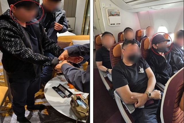 법무부 이민특조팀이 국제 마약조직에 대해 체포 절차를 집행하는 모습(왼쪽)과 태국 정부 호송단 5명이 검거된 마약 조직 총책을 이송하는 모습(오른쪽) [국가정보원 제공]