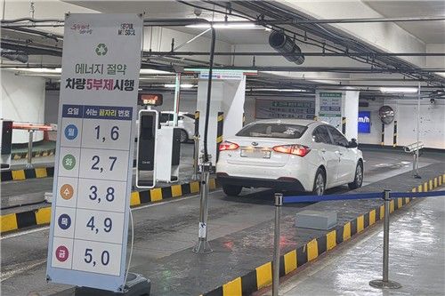 공영주차장에 '승용차 5부제'가 적용된 첫날인 8일 오전 종로구 종묘공영주차장으로 차 번호 끝자리가 8인 차량이 들어서는 모습. [촬영 이율립]