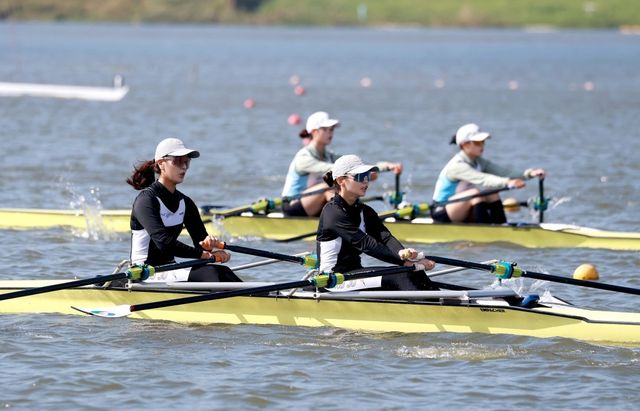 탄금호 국제조정경기장에서 훈련하는 조정팀