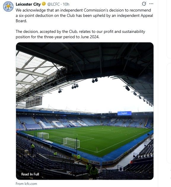 승점 삭감 징계에 대한 항소가 기각된 소식을 전한 레스터 시티.