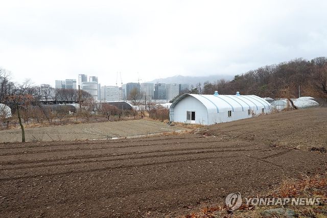 (과천=연합뉴스) 류영석 기자 = 정부가 전국 농지 소유자를 대상으로 처음으로 전수조사를 벌이는 방안을 추진 중인 가운데 2일 수도권 내 한 농지 너머로 아파트 단지 등 재개발 구역이 들어서 있다. 2026.3.2 ondol@yna.co.kr