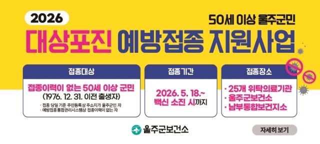 50세 이상 울주군민에 대상포진 예방접종 지원