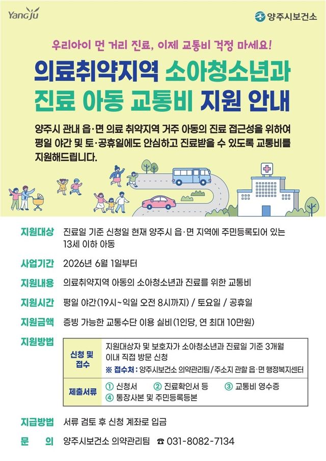 양주시, 소아청소년과 진료 아동 교통비 지원