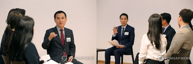 젊은 기자들의 질문에 답하는 김진태·우상호 후보