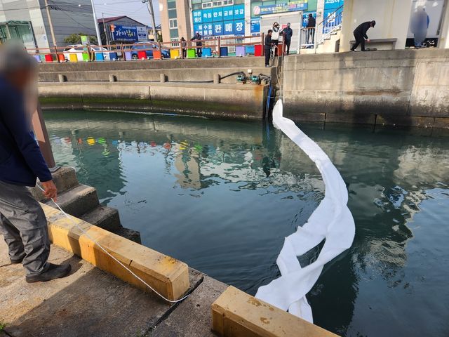 지난 1일 기름이 유출된 제주시 도두항에서 방제작업 벌이는 제주해경
