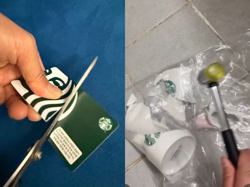스타벅스 카드를 자르고(왼쪽) 망치로 머그컵을 깨는 모습