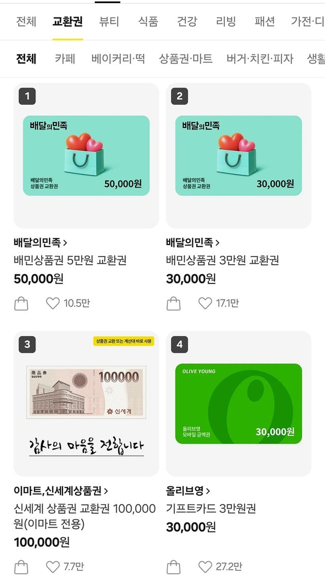 5월 24일 기준 카카오톡 선물하기 교환권 카테고리 순위