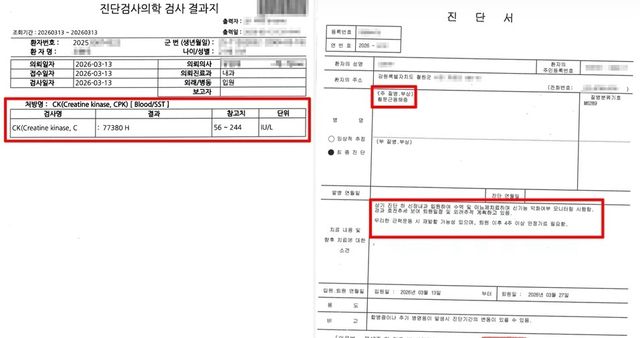 피해 병사의 검사 결과지와 진단서