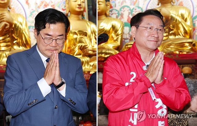 부처님오신날 불자들에게 인사하는 박찬대·유정복 후보