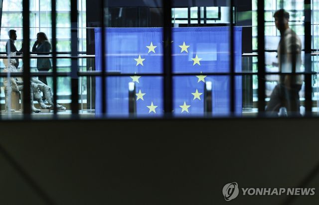 EU 깃발을 지나가는 행인 