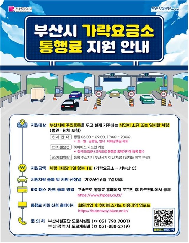 부산시 가락요금소 통행료 지원