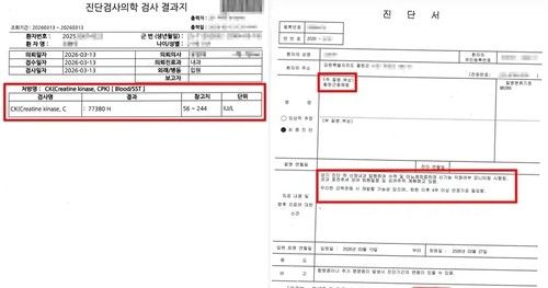 피해 병사의 검사 결과지와 진단서