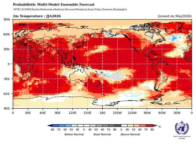 세계기상기구(WMO) 기온 전망. 붉은 색일수록 평균보다 높을 확률이 높은 것이다. [WMO 제공. 재판매 및 DB 금지]